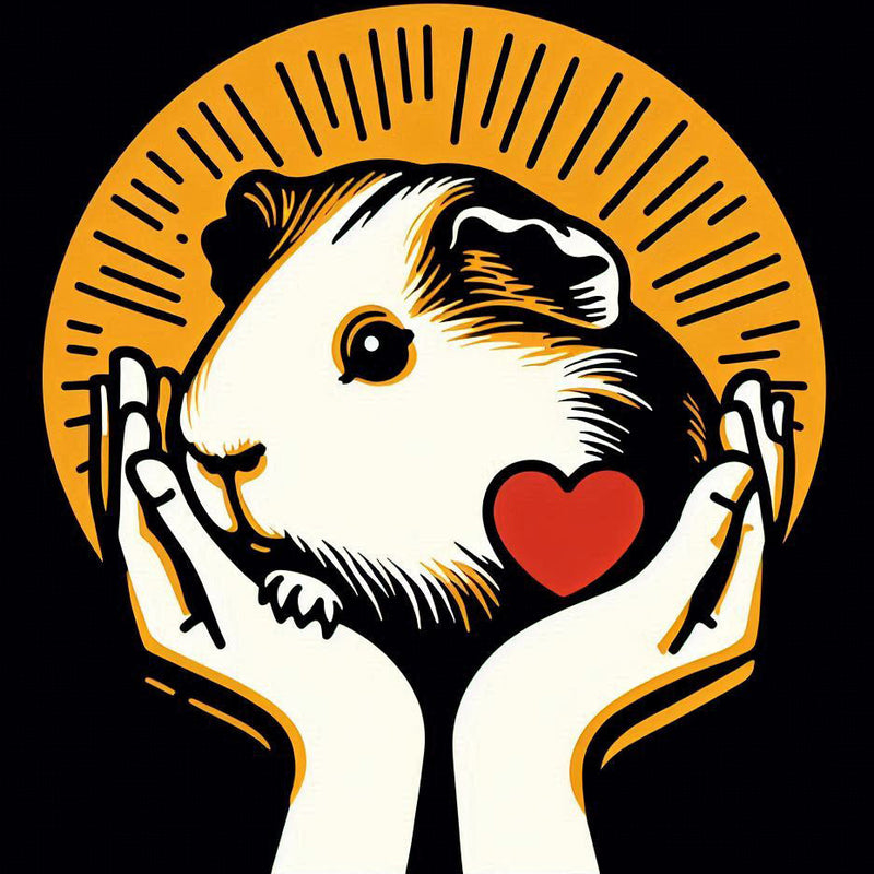 Illustration of a guinea pig held in hands with a heart, surrounded by a golden halo on a black background.