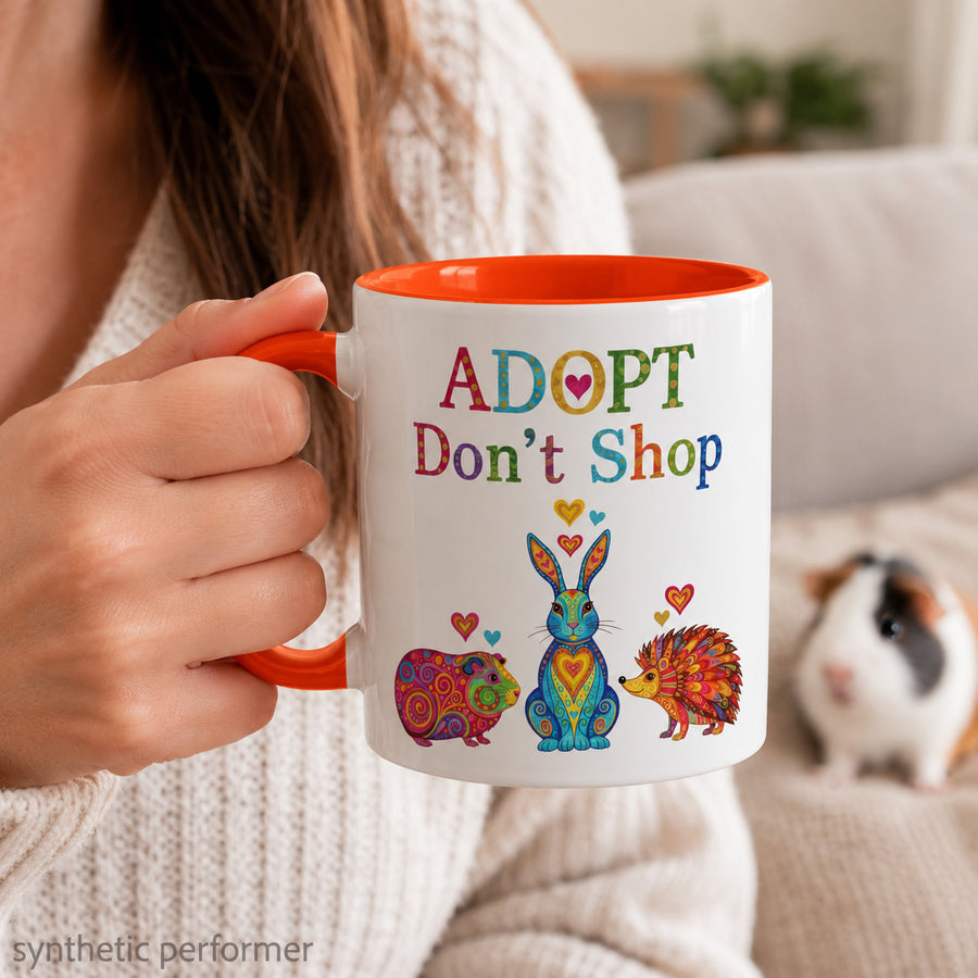 A woman in a white knit sweater holds a white ceramic mug with a bright orange handle and interior. The mug is printed with the words “ADOPT Don’t Shop” in multicolored letters above three colorful cartoon animals: a blue rabbit, a purple guinea pig, and an orange hedgehog.
