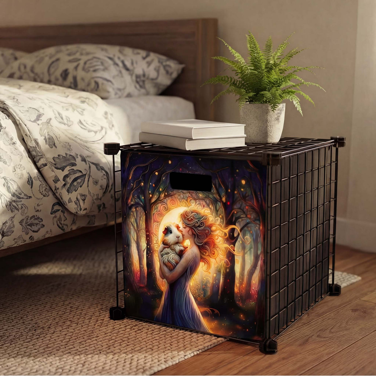 A black wire storage cube with a colorful fantasy print of a woman holding a guinea pig in a glowing forest, styled in a bedroom next to a bed with a potted fern and books on top.