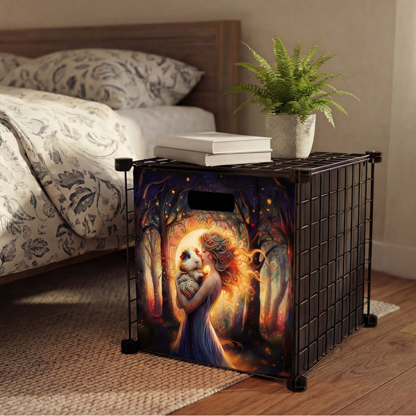 A black wire storage cube with a colorful fantasy print of a woman holding a guinea pig in a glowing forest, styled in a bedroom next to a bed with a potted fern and books on top.