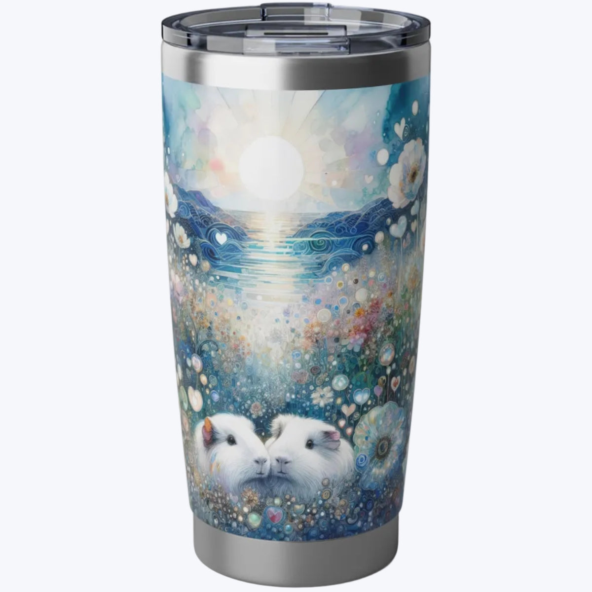 Piggies in Magic Garden Stainless Steel Tumbler - a stainless steel travel tumbler with a clear lid, featuring a whimsical watercolor-style print of two white guinea pigs in a blue floral landscape with a glowing sun and moon.