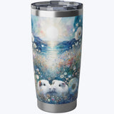 Piggies in Magic Garden Stainless Steel Tumbler - a stainless steel travel tumbler with a clear lid, featuring a whimsical watercolor-style print of two white guinea pigs in a blue floral landscape with a glowing sun and moon. – image 7