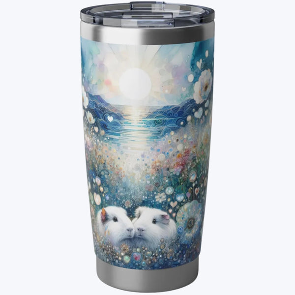 Piggies in Magic Garden Stainless Steel Tumbler - a stainless steel travel tumbler with a clear lid, featuring a whimsical watercolor-style print of two white guinea pigs in a blue floral landscape with a glowing sun and moon.