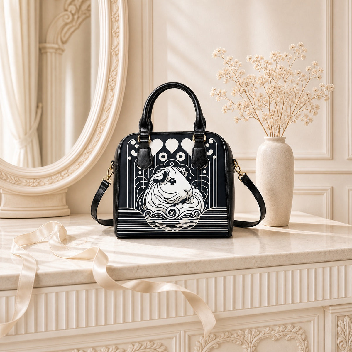 Echoes in Ink guinea pig shoulder handbag in a bright ivory gift-ready setting