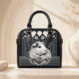 Black shoulder handbag featuring Echoes in Ink Art Nouveau guinea pig artwork, front view