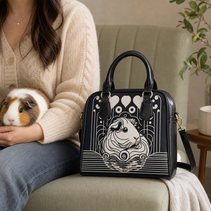 Echoes in Ink guinea pig shoulder handbag beside an owner holding a guinea pig in a cozy reading chair