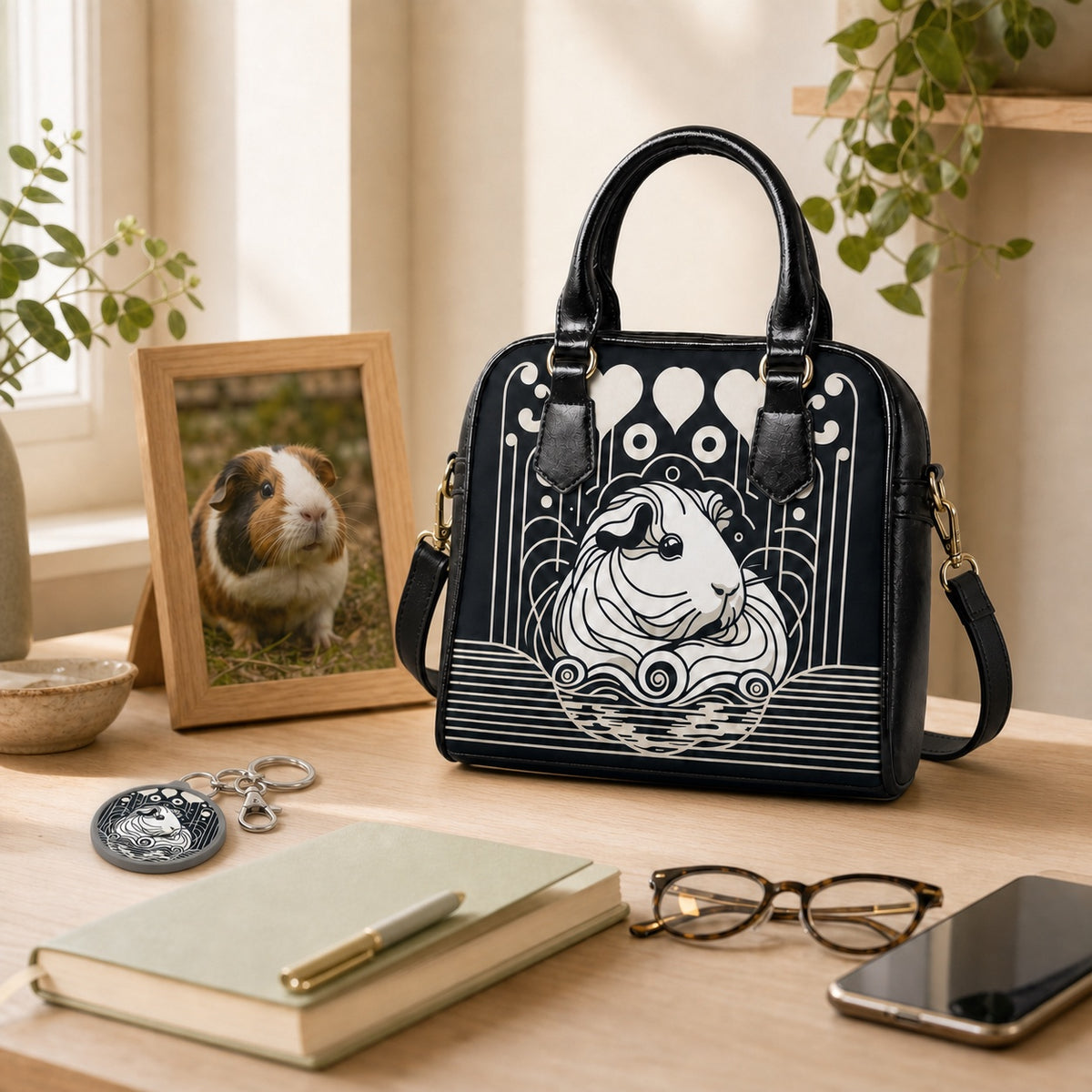 Echoes in Ink shoulder handbag and matching round key ring styled on a guinea pig lover's desk