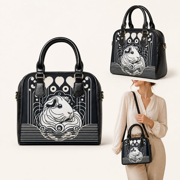 Front, angled, and worn views of the Echoes in Ink guinea pig shoulder handbag