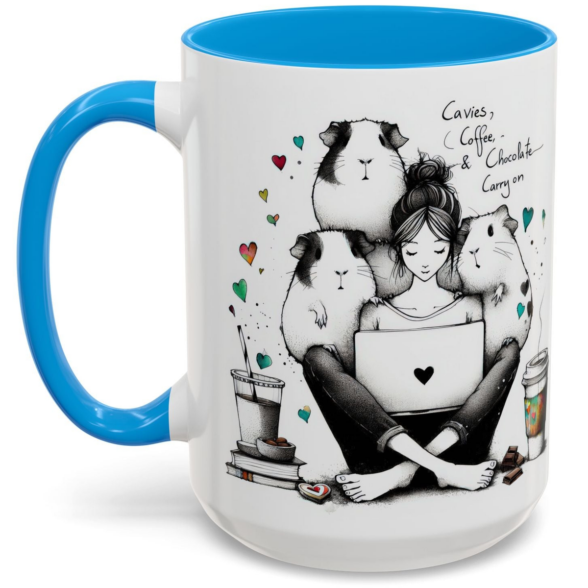 Guinea pig mug of cute black and white illustration with the text of "Cavies, Coffee, & Chocolate - Carry On" with a light blue handle in 15oz.