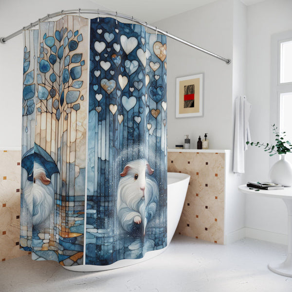 A curved shower curtain hanging in a bright bathroom, featuring a whimsical blue and white forest design with hearts, trees, and two rabbits.