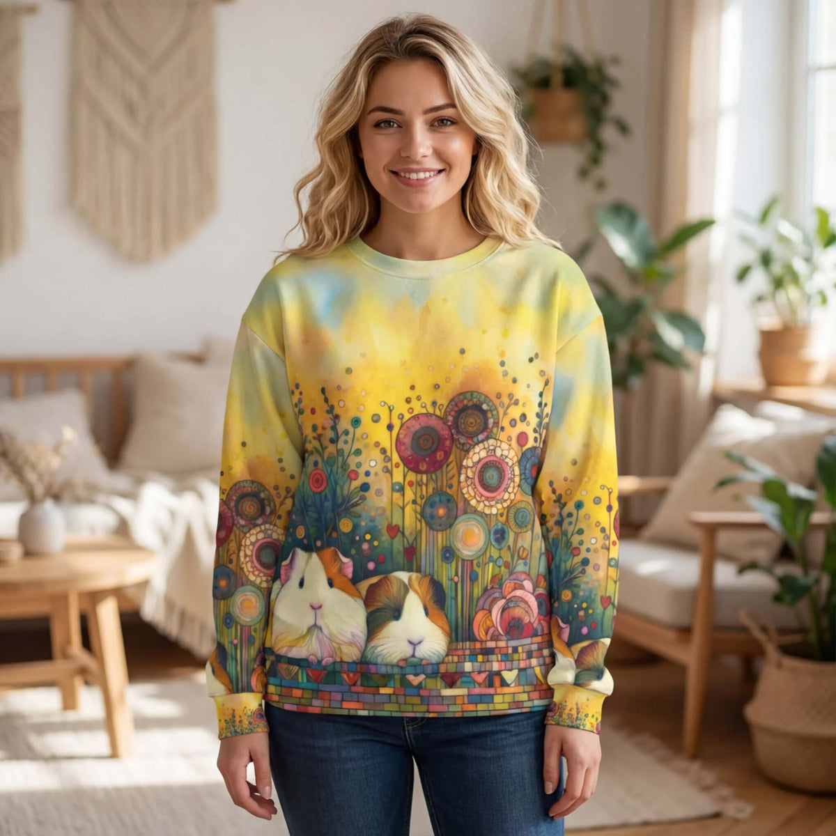 blond woman in guinea pig art sweatshirt